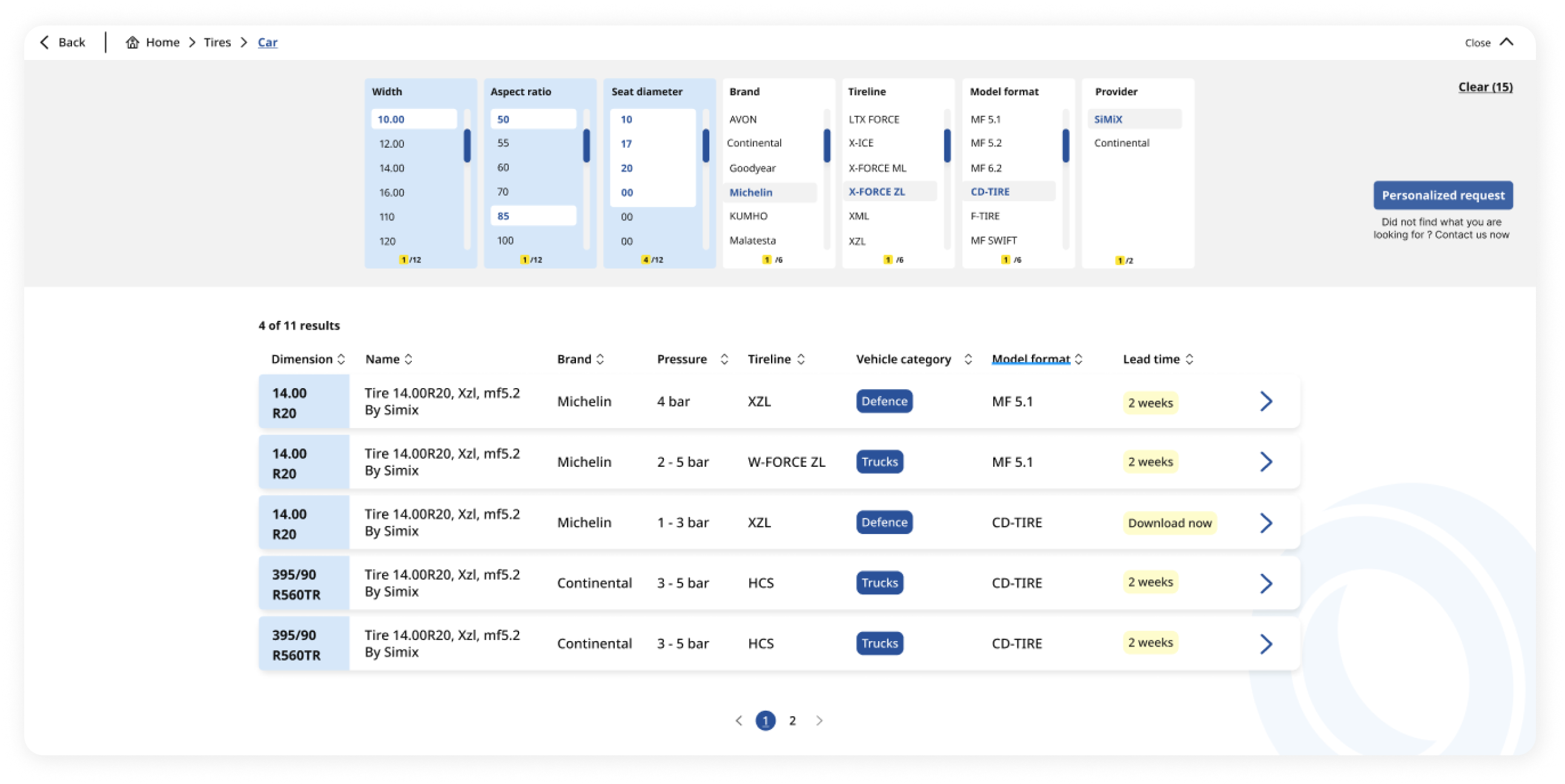 Michelin SIMIX simulation models catalogue and selection filters